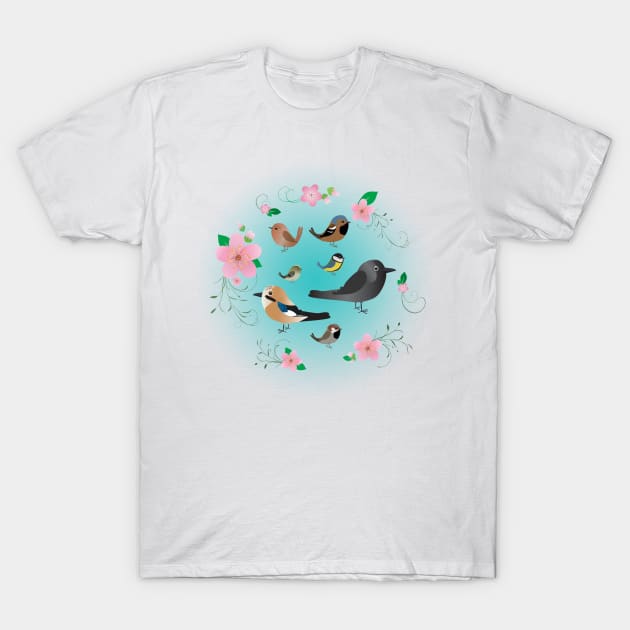 A collection of cute birds in a floral wreath T-Shirt by Bwiselizzy